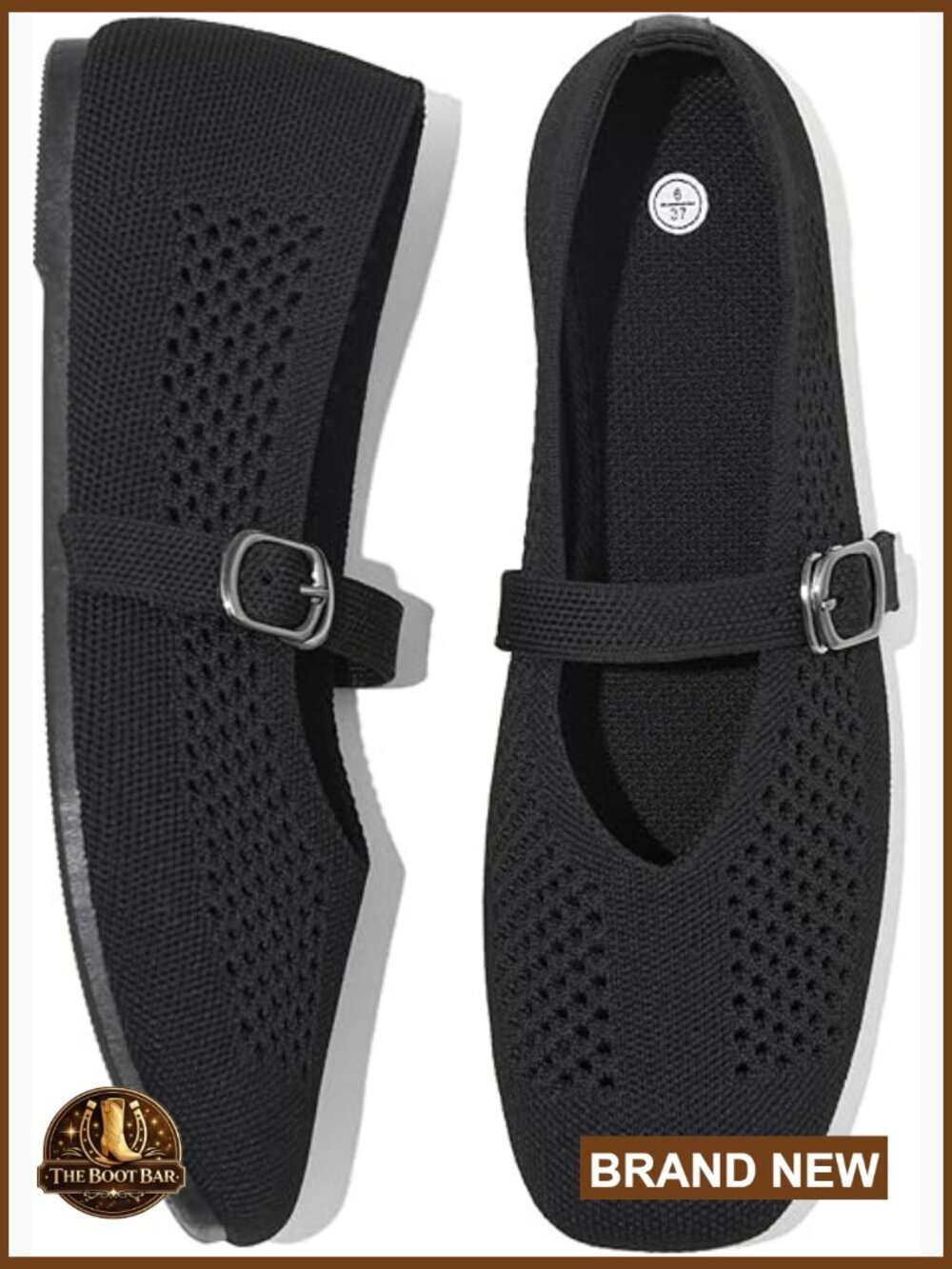 Breathable Knit Mary Jane Flats with Buckle - Square Toe Walking Shoes